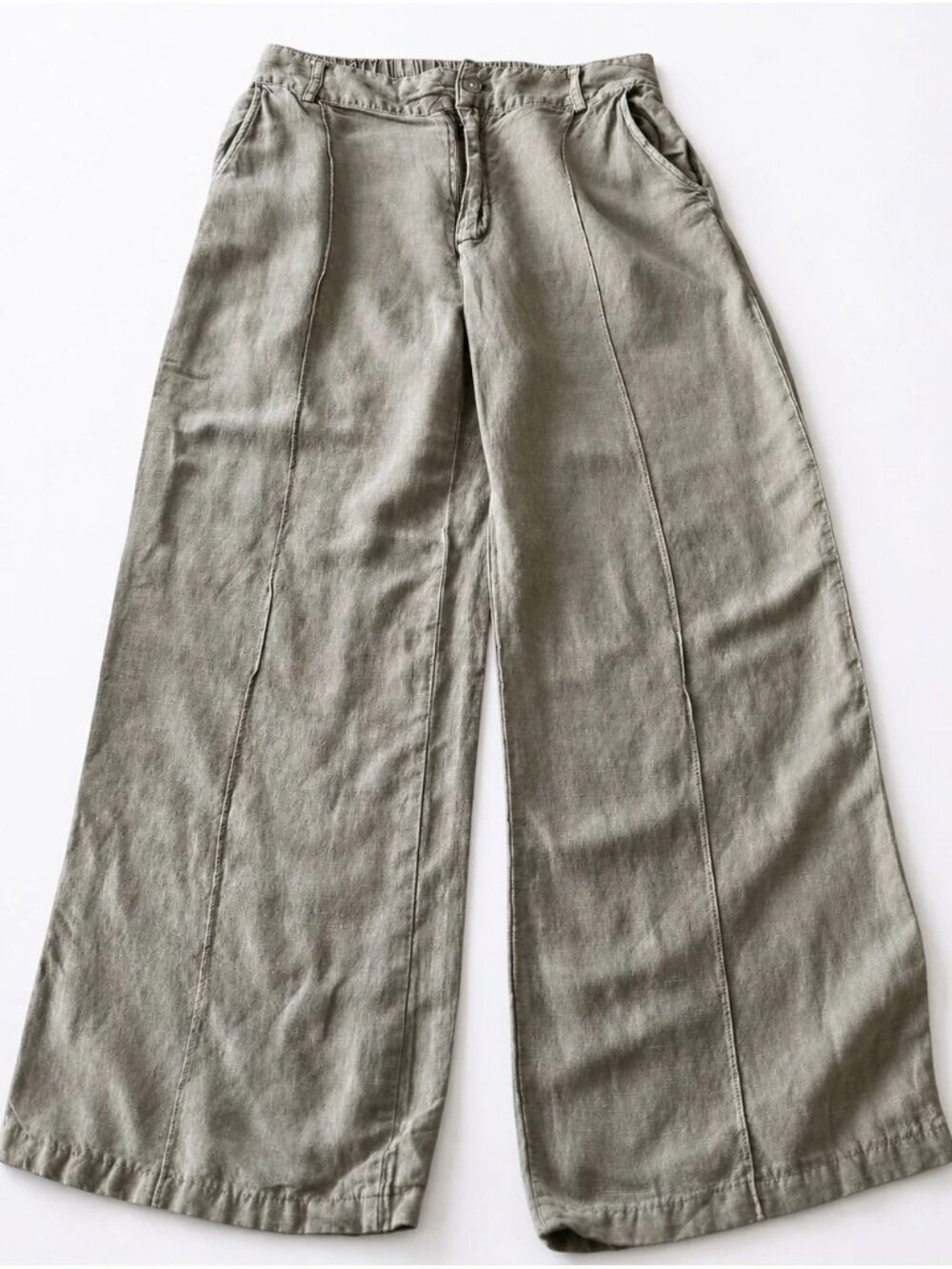 Linen Blend Wide Leg Pants Neutral Beige High Waist Elastic Back Casual Chic